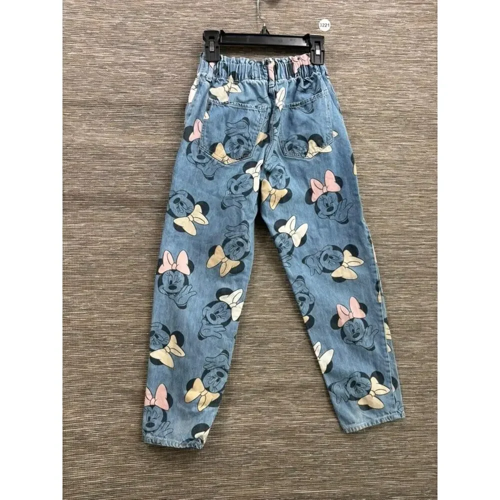 H&M Jeans Girls Size 8-9Y Blue Minnie Mouse Print Elastic Waist Denim Pants